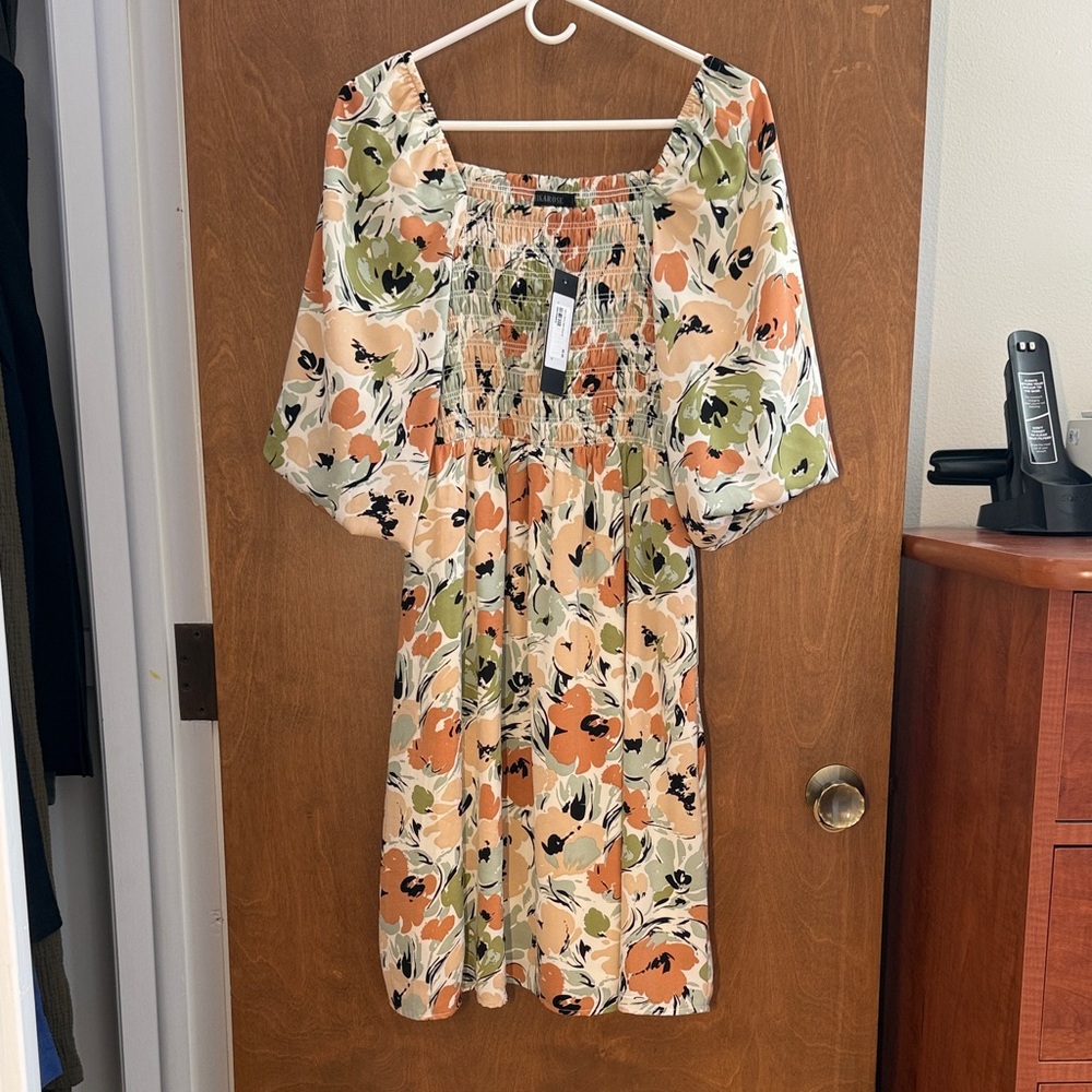 Mikarose Peach & Olive Floral Midi Dress with Puff Sleeves